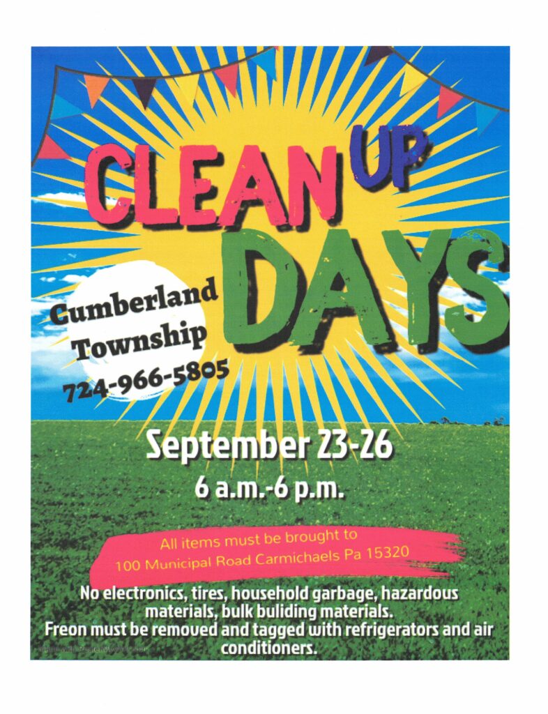 Cumberland Township Clean Up Days - September 23-26 - 6am to 6pm